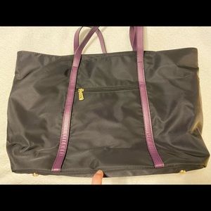 NWOT black nylon tote with purple accents